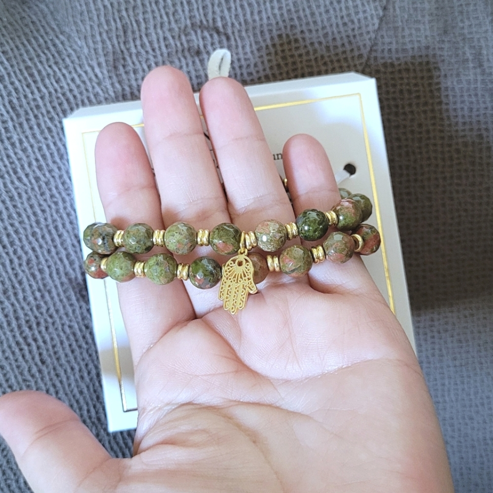 Shivam Unakite Stretch Bracelet Duo✌️ with Hamsa🤚Charm - NIB - Picture 15 of 15